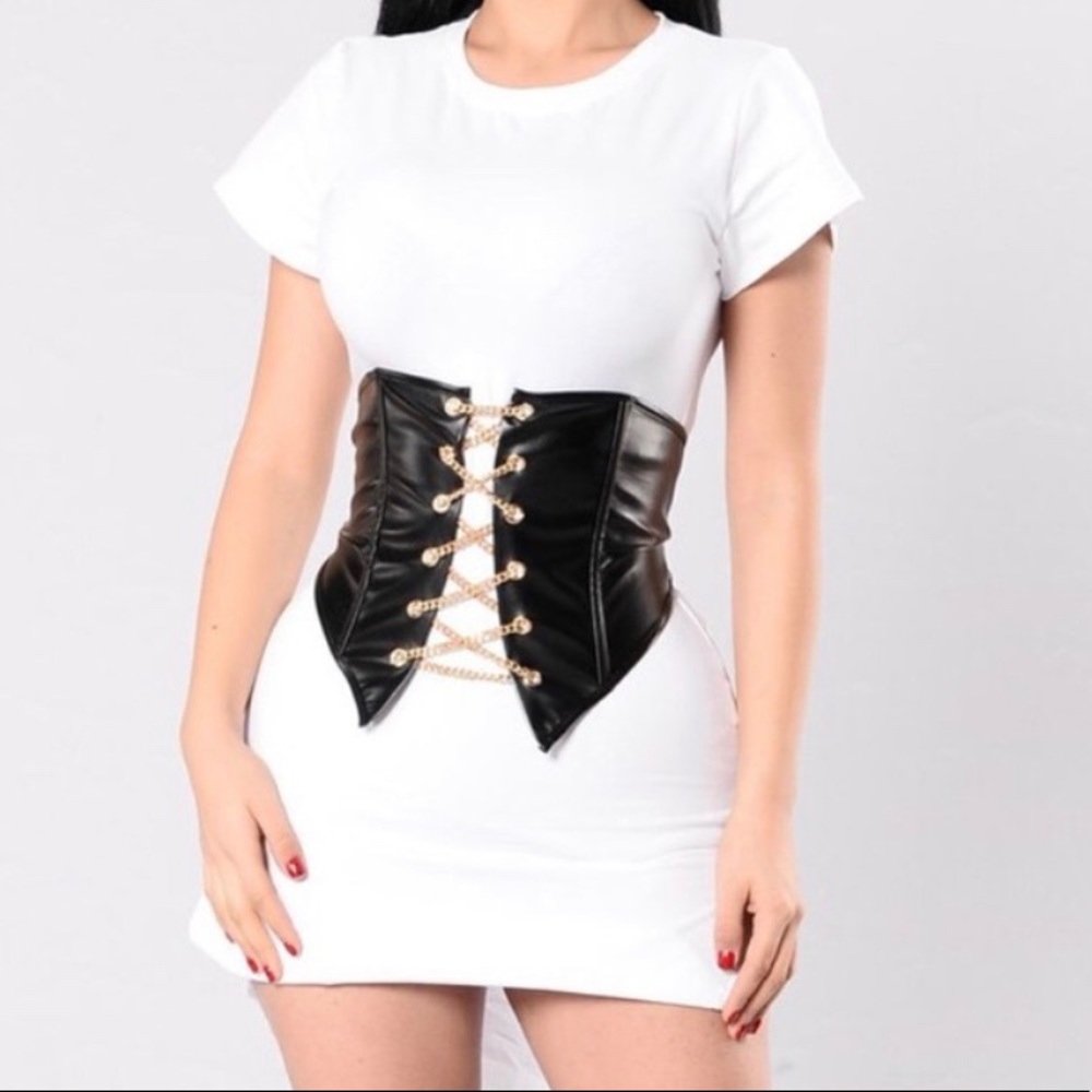 Fashion Nova Black Faux Leather Corset Belt with Gold Chain Lacing